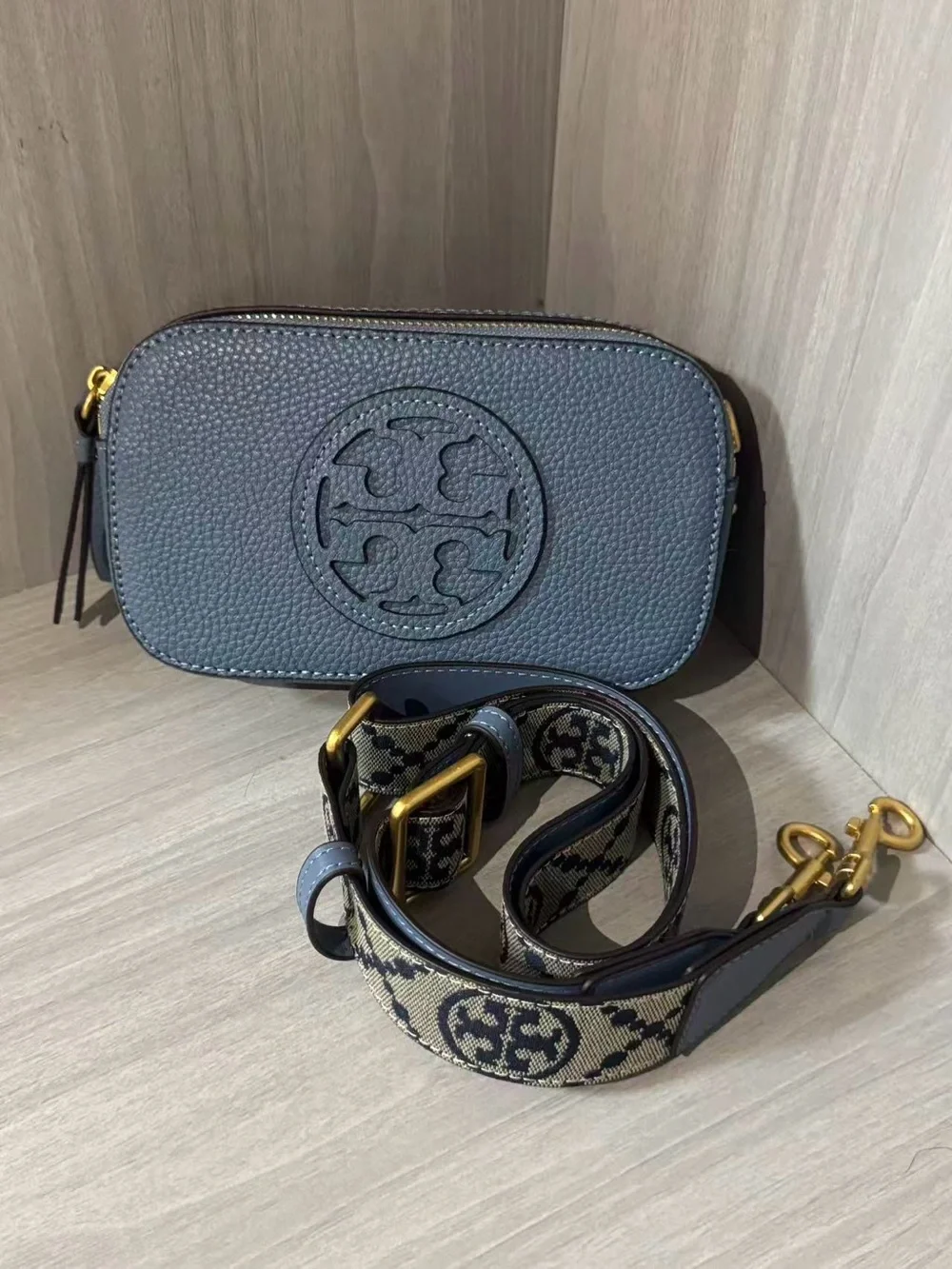 Tory Burch Pebbled Leather Camera Bag in Slate Blue with Jacquard Strap